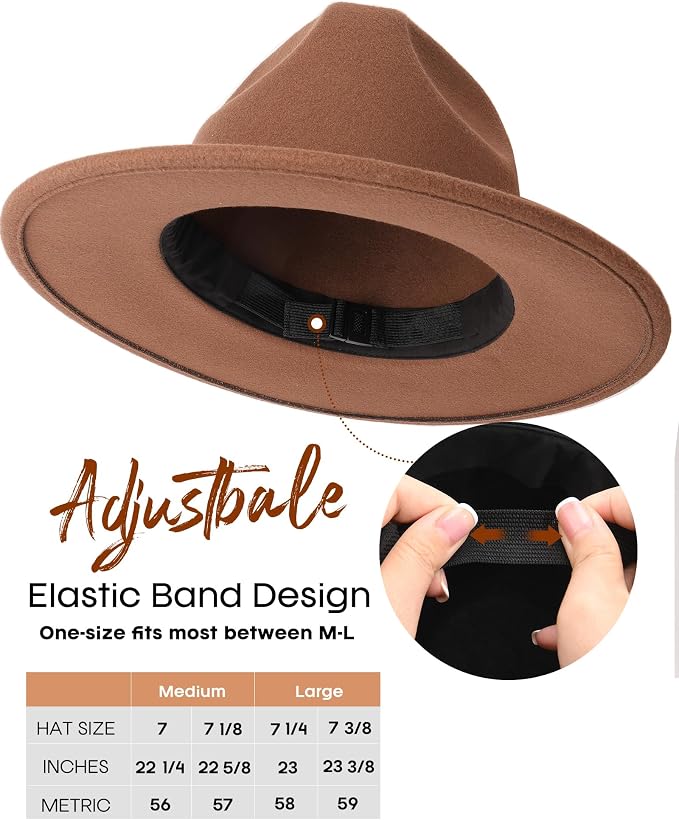 FURTALK Fedora Hats for Men Women Wide Brim Felt Panama Dress Hat with Belt Buckle Adjustable Size 7-7 3/8