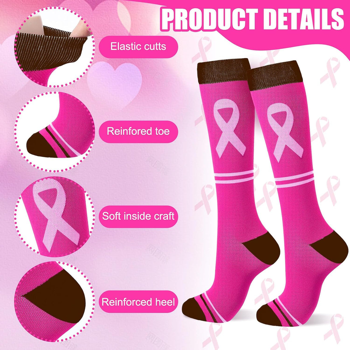 48 Pairs Pink Out Socks Bulk for Women Breast Cancer Awareness Team Socks Compression Sport Stockings for Pink Ribbon Events Fundraiser Christmas Stocking Stuffers