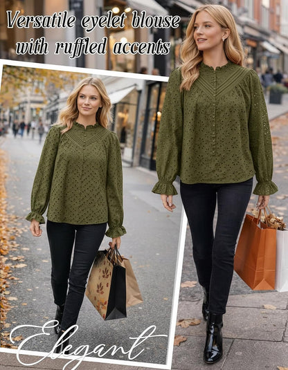 Women's Long Sleeve Eyelet Tops Dressy Cotton Button Shirts v Neck Lace Floral Embroidered Peplum Blouses