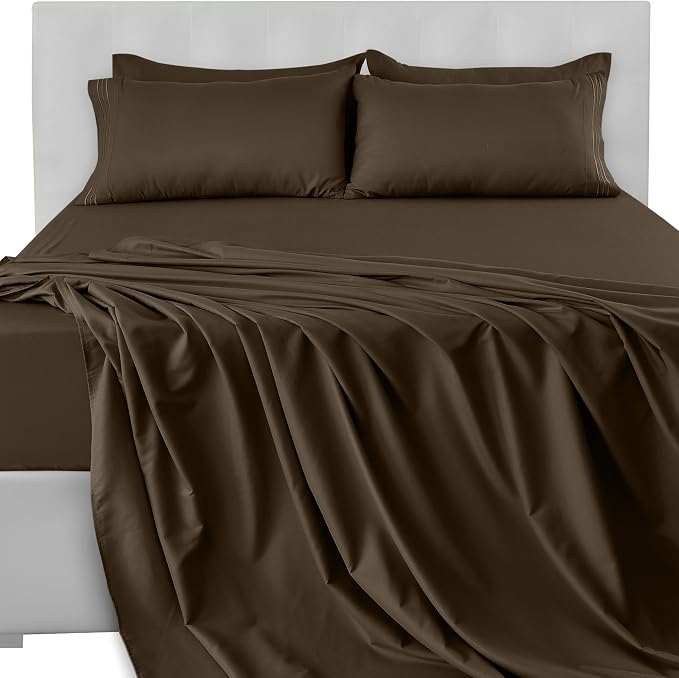 LUX Décor Queen Sheet Set - 4 Piece Ultra-Soft Microfiber Bed Sheets with Flat Sheet, 16 Inches Deep Pocket Fitted Sheet & Pillowcases, Cooling & Breathable, Hotel Luxury, Oeko-TEX - Brown