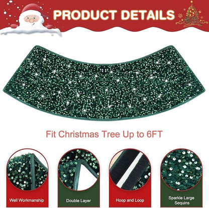 Sequin Christmas Tree Collar Glitter Tree Skirt Emerald Green Velvet Fabric Xmas Tree Base Stand Cover Christmas Tree Ring Holiday Trunk Skirt Cover Christmas Tree Skirts for Home Decor 23.6 Inch