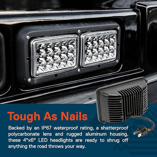 TRUE MODS 2pc Chrome 4x6 6x4 Inch LED Headlights Pair H4 2a1 1a1 High Low Sealed Beam H4652 H4666 H6545 H4651 H4656 for Freightliner Classic XL FLD 120 Peterbilt 379 Kenworth T600 T800 W900 Semi Truck