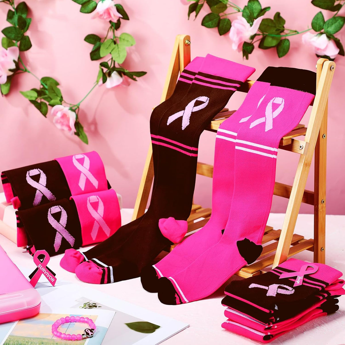 48 Pairs Pink Out Socks Bulk for Women Breast Cancer Awareness Team Socks Compression Sport Stockings for Pink Ribbon Events Fundraiser Christmas Stocking Stuffers