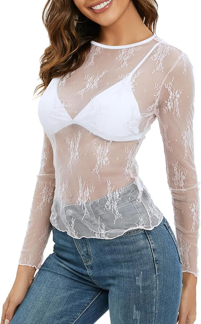 MEROKEETY Womens 2025 Spring Lace Sheer Mesh Top Crewneck Sexy Y2k See Through Going Out Long Sleeve Blouse Shirts