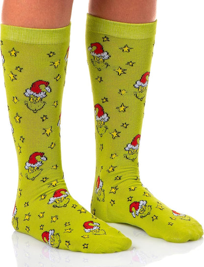 Large Size, MJC Dr. Seuss The Grinch Women's Pullover Hooded Plush Fleece Adult Pajama Dorm Sleep Shirt With Knee High Socks.