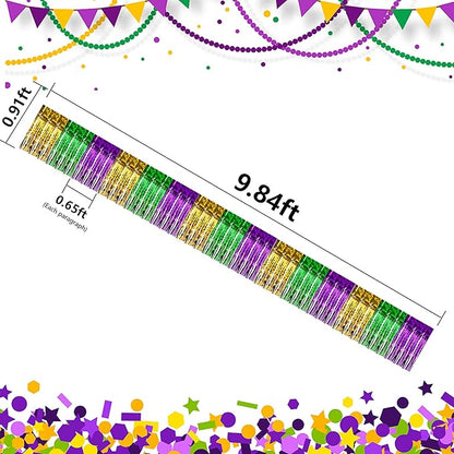 2 Pack Mardi Gras Foil Fringe Garland,19.68Ft Metallic Fringe Tinsel Streamers Banner,Gold Green Purple Foil Fringe Drape for Street Background Decorations DIY Party Supplies