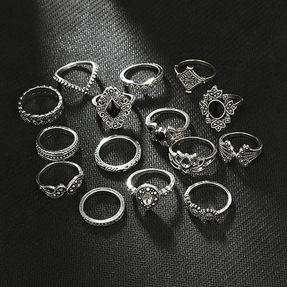 15Pcs Knuckle Rings, Bohemian Style Ladies Ring Rhinestone Inlay Non-fading Jewelry Opening Ring for Women Silver 1.7cm0.67"