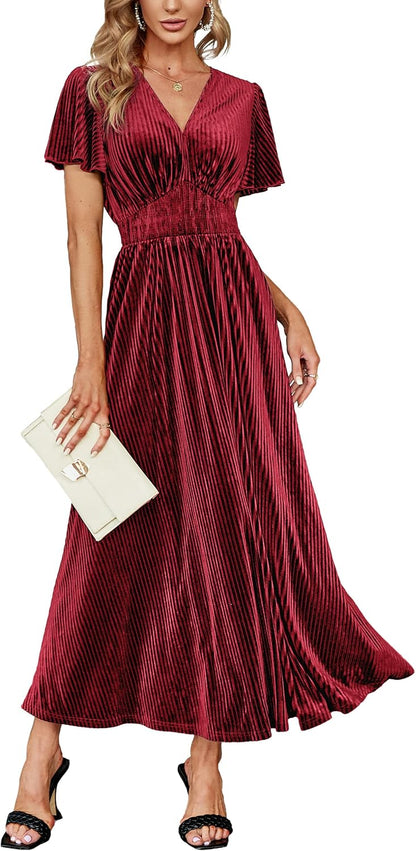 Simplee Women’s V Neck Velvet Maxi Dress Short Sleeve Empire Waist Long Formal Dress for Wedding Guest