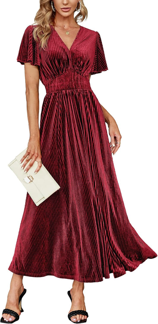 Simplee Women’s V Neck Velvet Maxi Dress Short Sleeve Empire Waist Long Formal Dress for Wedding Guest
