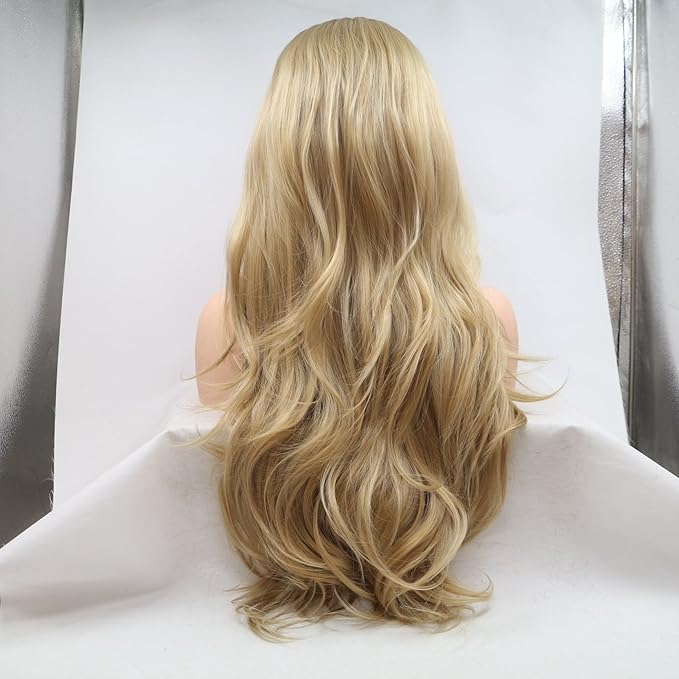 Xiweiya long blonde synthetic lace front wigs wavy side part wavy wig brown root long blonde wavy wig hair replacement wig for women, drag queen makeup 24 inch (24")