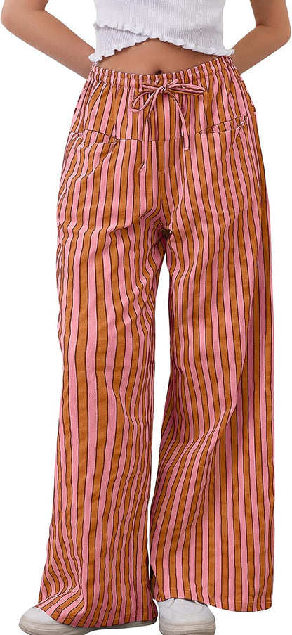 MISSACTIVER Women Drawstring Striped Pants Loose Wide Leg Trousers Casual Low Waist Pants Comfy Lounge Pants with Pockets.