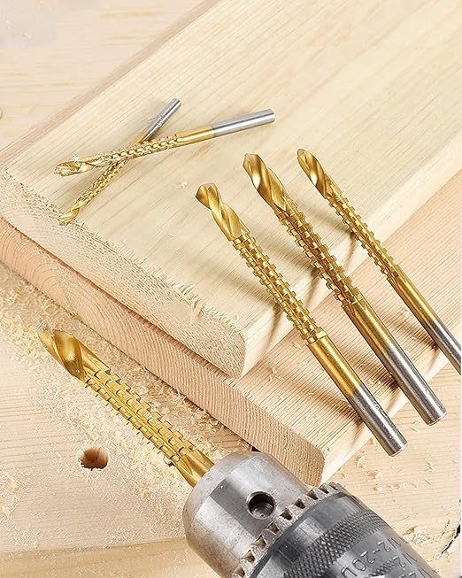 Rocaris 6 Pack Titanium Coated HSS Twist Drill Bits, 3-8mm Serrated Side Cutting Drill Bit Woodworking Tools for Plastic Metal Wood Hole