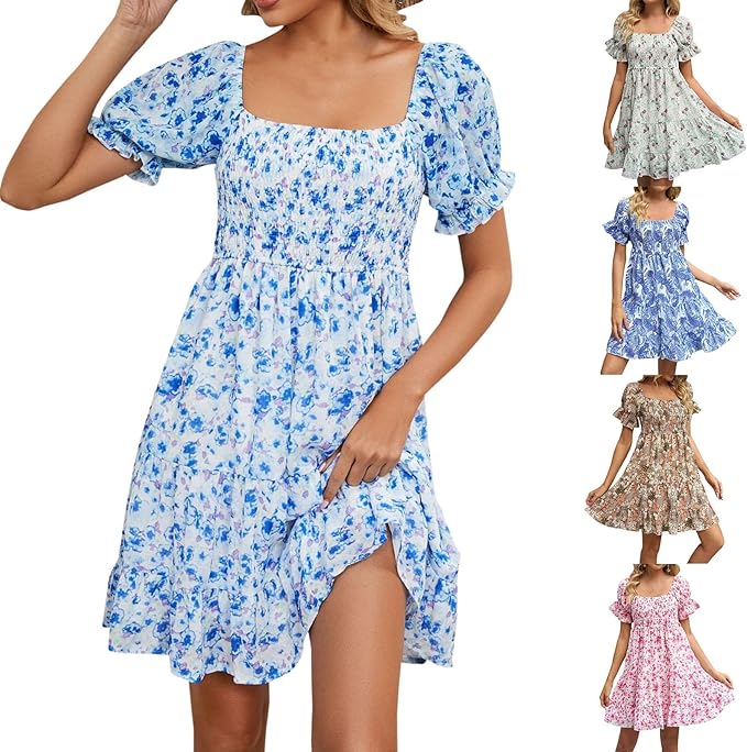 Summer Dresses for Women 2024 Floral Printed Square Neck Tiered Ruffle Boho Swing Beach Dress