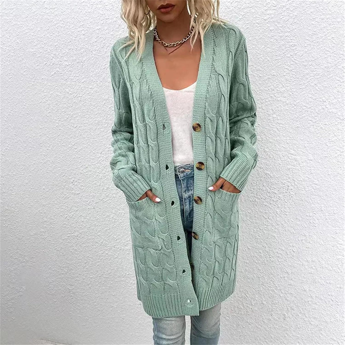 Women's Twists Knitted Loose Sweater Overcoat with Pocket Fashion Front Button