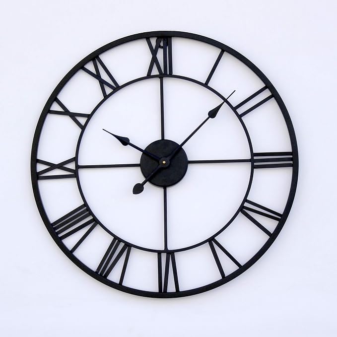 24 Inch Metal Wall Clock for Living Room Bedroom Decor | Cut Out Roman Numeral Medium Wall Clocks | Hand Crafted Analog Watches Home Office Farm House (Black