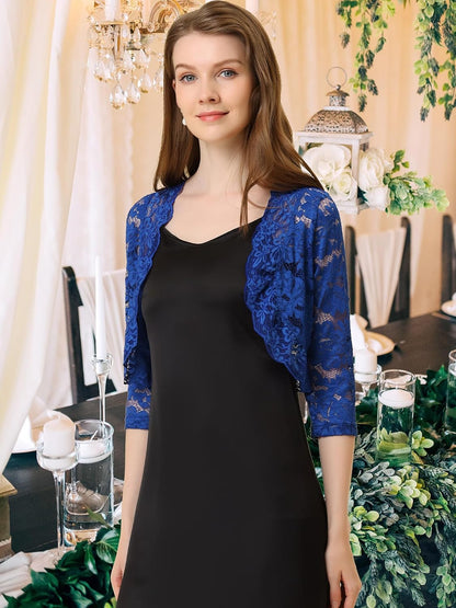 Allegra K Women's Elegant 3/4 Sleeve Sheer Floral Lace Shrug Top.