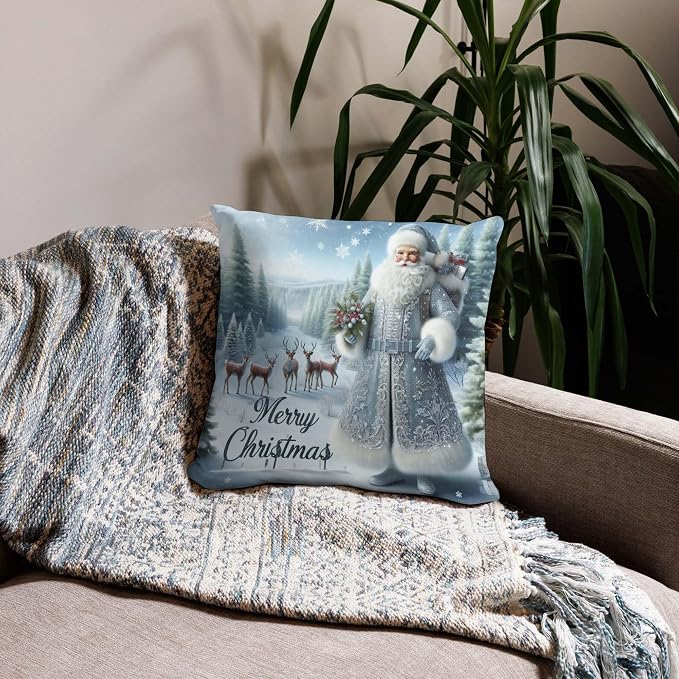 Throw Pillow Cover 20x20 Inch,Santa Blue and Silver with Forest with Deer Merry Christmas Throw Pillow Case,Home Decor Cushion Covers for Sofa Living Room Couch Bed