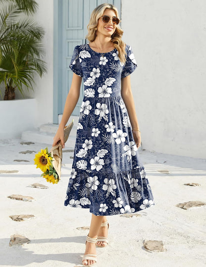 HOTOUCH Summer Dresses for Women 2026 Casual Midi Boho T Shirt Dress Ladies Sundress Aline Long Beach Vacation Clothes