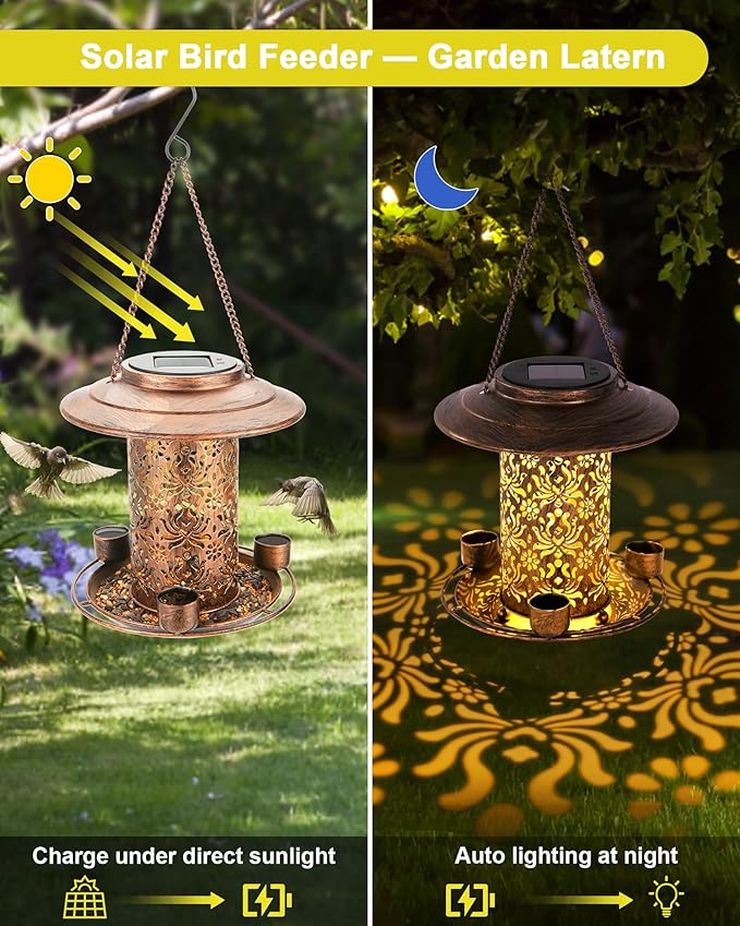 Solar Bird Feeders for Outdoors, Metal Hanging Bird Feeder with 3 Water Cups,Rust Resistant, Solar Garden Lantern for Outdoors Decor,The Perfect Choice for Gift(2.5LB)