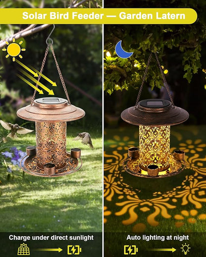 Solar Bird Feeders for Outdoors, Metal Hanging Bird Feeder with 3 Water Cups,Rust Resistant, Solar Garden Lantern for Outdoors Decor,The Perfect Choice for Gift(2.5LB)
