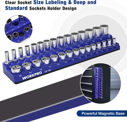 WORKPRO 3/8" Metric Magnetic Socket Organizer, Holds 30 Pieces, Standard & Deep Sockets (Sockets Not Included)