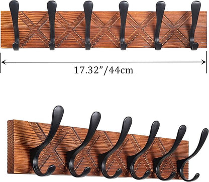 SKOLOO Coat Rack Wall Mount - Antique Wooden Carved- X Cross Coat Hook, Wall Coat Hanger with 6 Hooks for Hanging Coats, Hats, Clothing, Scarfs, Brown & Black