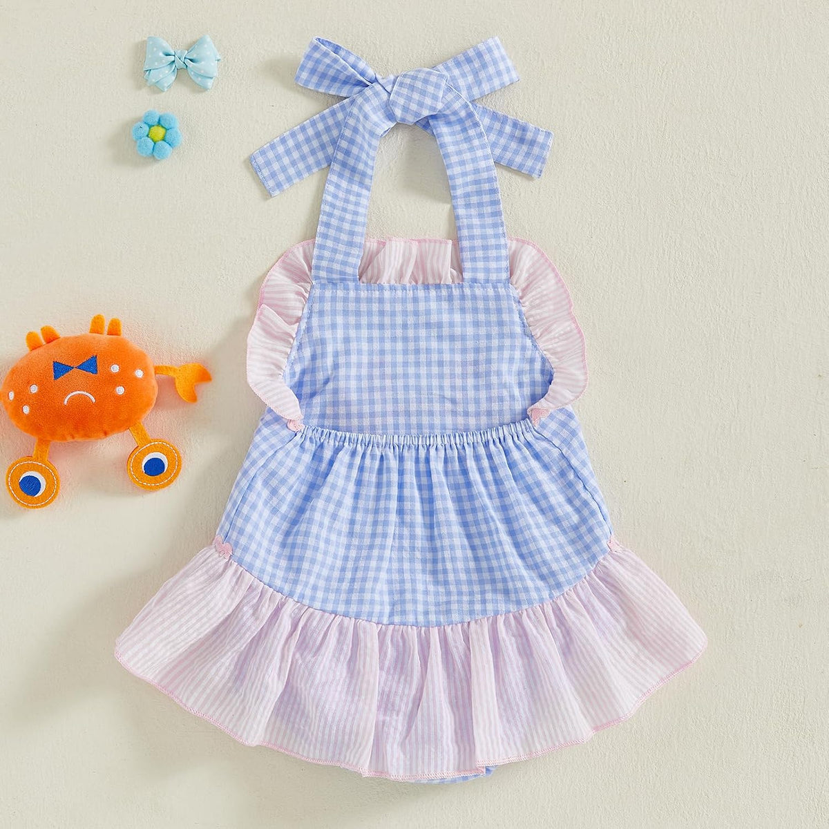 SHUING Baby Girl Crab Outfit Crawfish Embroidery Sleeveless Plaid Romper Dress Halter Ruffle Bodysuit Newborn Summer Clothes.