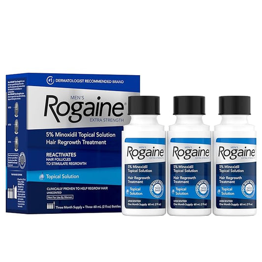 Men's Rogaine Extra Strength 5 Minoxidil Topical Solution for Thin Hair, Hair Loss Treatment to Regrow Fuller, Thicker Hair, 3 Month Supply, 3 Bottles
