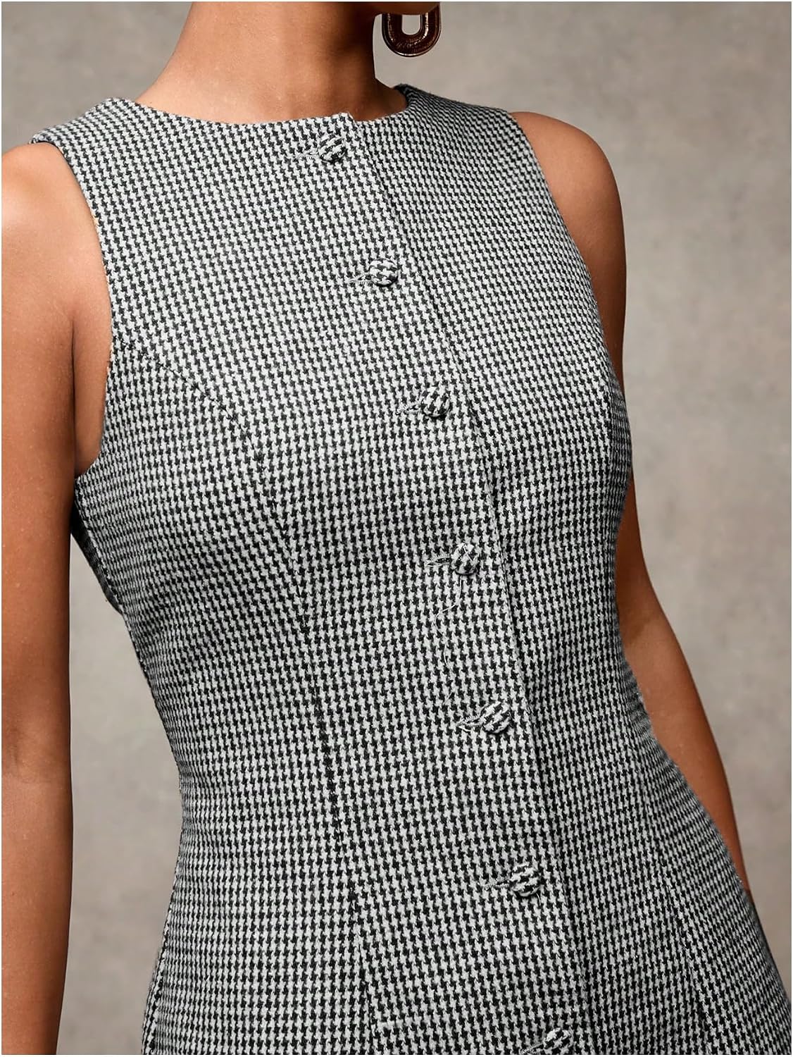 Women's Plaid Button Down Dress Crew Neck Sleeveless Tie Back Work Office Mini Dresses
