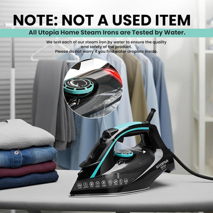Utopia Home Steam Iron for Clothes - Non-Stick Soleplate - 1800W Clothes Iron With Auto-Off Safety Feature - Adjustable Thermostat Control, Variable Steam Control, Self-Clean, 8 Feet Cord (Black/Teal)