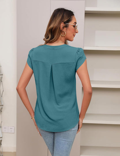 Blooming Jelly Womens Blouses Dressy Causal V Neck Pintuck Short Petal Sleeve Business Tops Ladies Summer Trendy Work Shirt