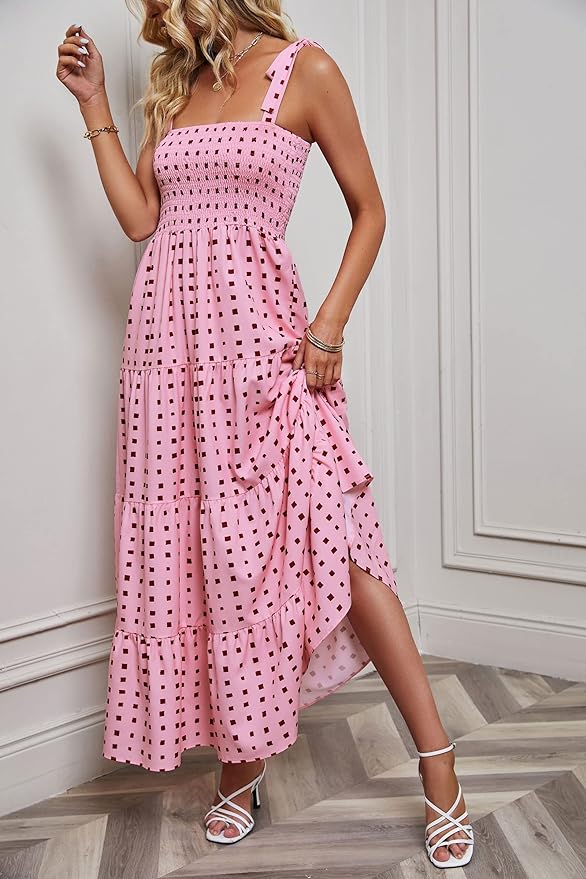 kinstell Women's Summer Boho Spaghetti Strap Square Neck Ruffle Casual Flowy Long Dress Beach Swing Party Maxi Dress