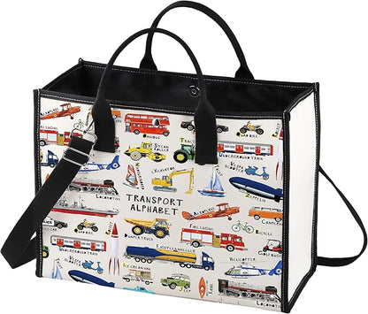 LEVLO Transport ABC Canvas Tote Bag Vehicle Alphabet Gift Transport Alphabet Shoulder Bag Car A-Z Merchandise