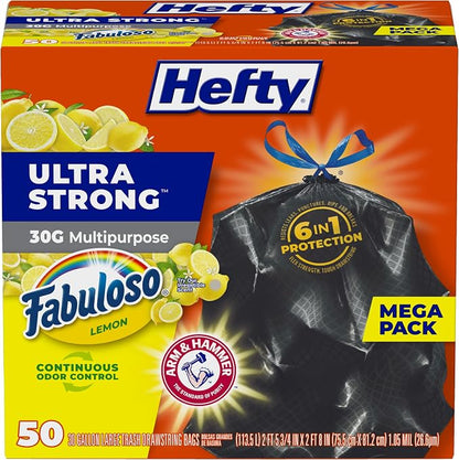 Hefty Ultra Strong 30 Gal Large Trash Bags, Black, Fabuloso Lemon, 50ct 30G Large Black Trash Bags with Drawstrings, Resists Leaks, Punctures, Tears, Continuous Odor Control, Multipurpose Uses