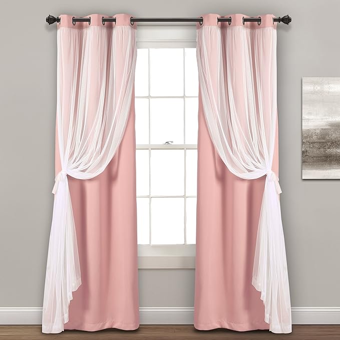 Lush Decor Sheer Grommet Curtains With Insulated Blackout Lining, Window Curtain Panels, Pair, 38"W x 84"L, Pink - Curtain With Sheer Overlay, Elegant Blackout Curtains for Bedroom