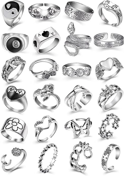 Vintage Silver Open Punk Rings for Men Women, 24PCS Adjustable, Alt, Chunky, Hippie, Gothic, Statement Stacking, Skull Snake Star Flower Heart Eboy Emo Y2K