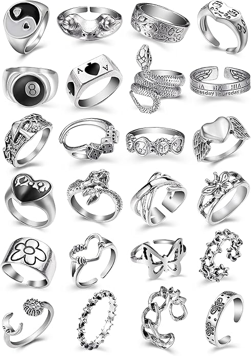 Vintage Silver Open Punk Rings for Men Women, 24PCS Adjustable, Alt, Chunky, Hippie, Gothic, Statement Stacking, Skull Snake Star Flower Heart Eboy Emo Y2K
