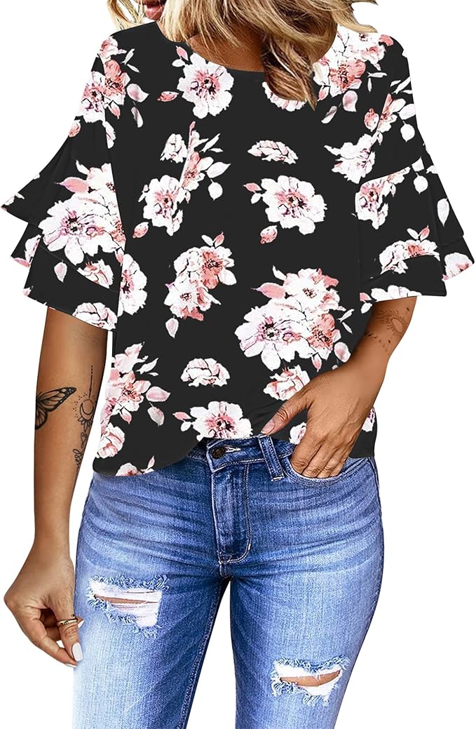 Luvamia Women's Casual 3/4 Tiered Bell Sleeve Crewneck Loose Tops Blouses Shirt