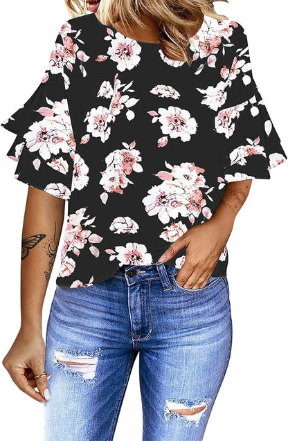 Luvamia Women's Casual 3/4 Tiered Bell Sleeve Crewneck Loose Tops Blouses Shirt