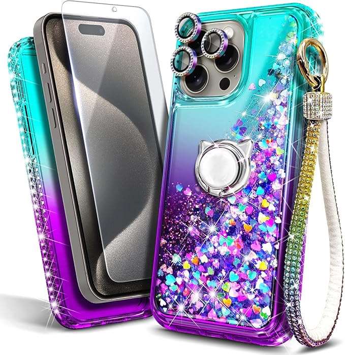 Designed for iPhone 15 Pro Max Case with Tempered Glass Screen Protector/Camera Lens Protector/Wrist Strap Lanyard/Ring Holder, Glitter Floating Liquid Girls Women Cute Case (Aqua/Purple)