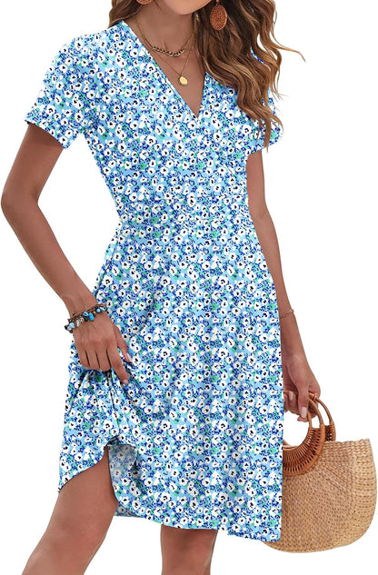 AUSELILY Womens Summer Dresses 2026 Short Sleeve V Neck Floral Sundress with Pockets .