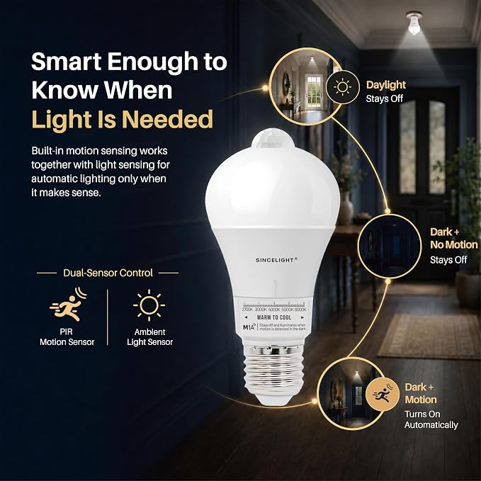 Motion Sensor LED Light Bulb 9W with E26 Base, PIR Motion-Activated in The Dark, Automatically ON/Off by Dual Sensors, 5 Color Temperatures Turnable, Pack of 2