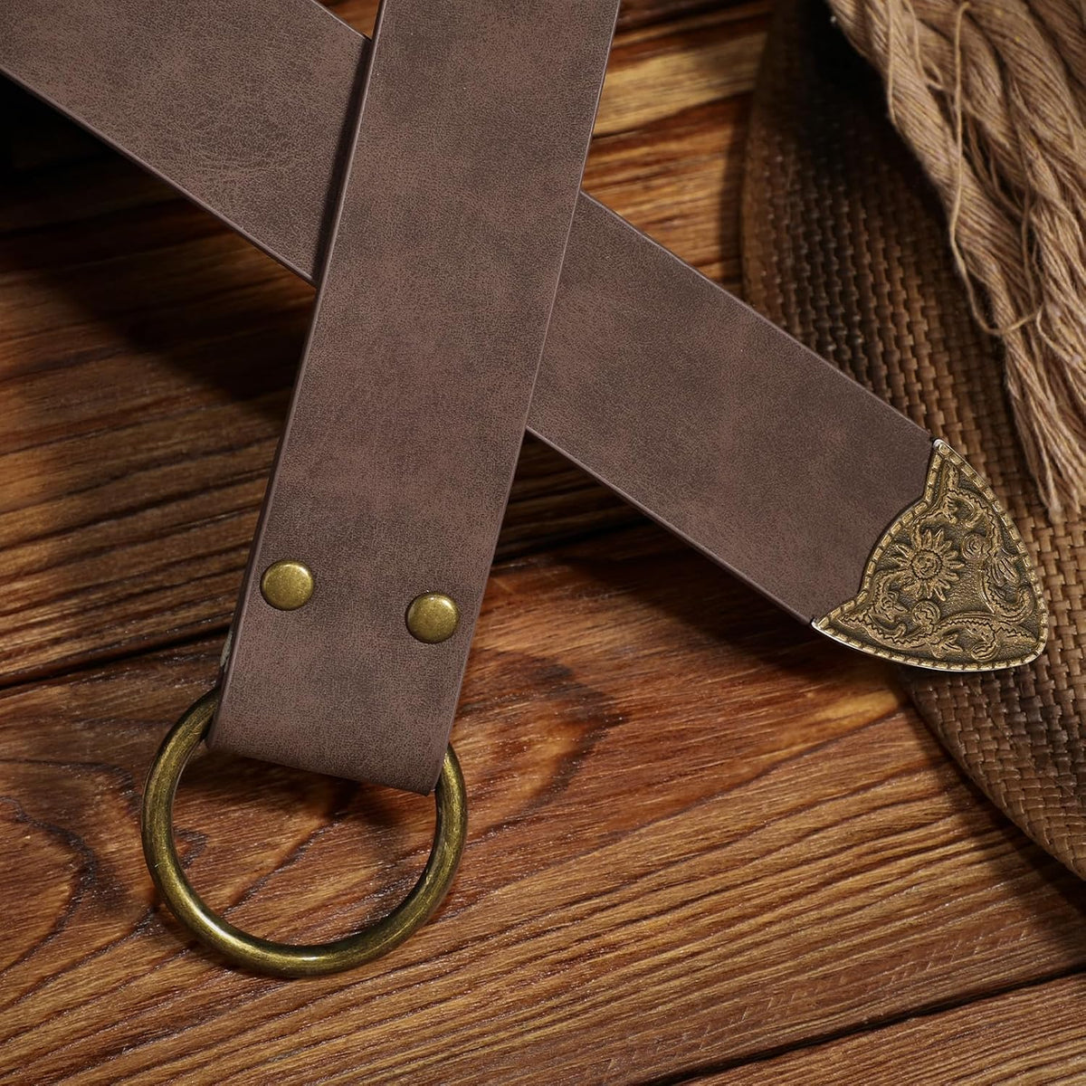 XZQTIVE Medieval Vintage Belt for Men Embossed Leather Renaissance Knight Belt O Ring Costume Belts 60"