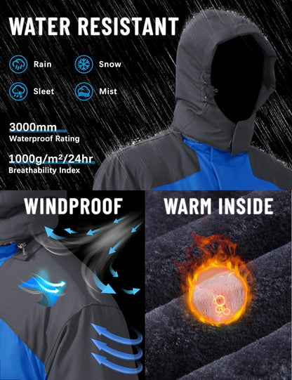 TACVASEN Men's Winter Ski Jacket Waterproof Warm Fleece Snow Coat with Hood | Windproof Breathable Fabric, Thermal Lined, Detachable Hood, 4 Pockets, Skiing, Snowboarding, Work, Hiking