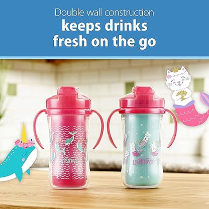 Dr. Brown's Milestones Insulated Sippy Cup with Straw and Handles, Spill-Proof Tumbler with Lid, 2-Pack, Pink, 10 oz300 mL, BPA Free, 12m