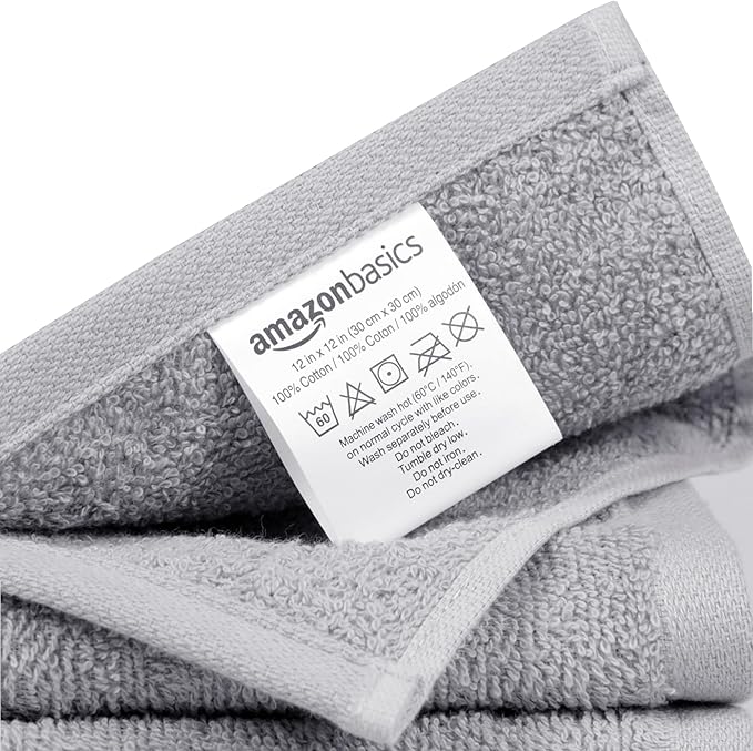 Basics Fast Drying Cotton Washcloths for Bathroom, Machine Washable, Extra Absorbent, 12 x 12 in, Gray, 24-Pack