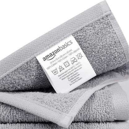 Basics Fast Drying Cotton Washcloths for Bathroom, Machine Washable, Extra Absorbent, 12 x 12 in, Gray, 24-Pack