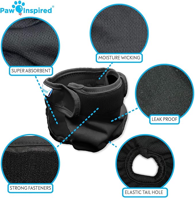 Paw Inspired Washable Dog Diapers (3 Pack) | Reusable Cloth Doggy Diapers for Female (Black with Black Lining, Size Medium)