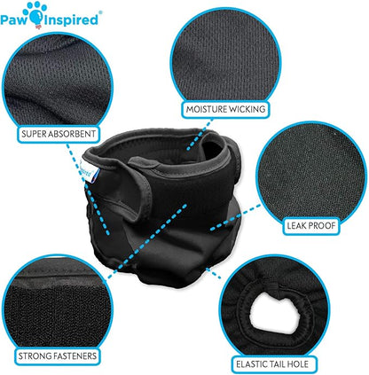 Paw Inspired Washable Dog Diapers (3 Pack) | Reusable Cloth Doggy Diapers for Female (Black with Black Lining, Size Medium)