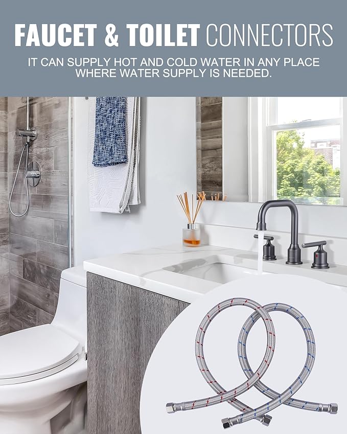 Faucet Supply Lines,24 Inch Length Faucet Hose Connector 38" to 38" Female Compression Thread Stainless Steel Braided Bathroom Kitchen Faucet Extension Water Supply Line,2Pcs